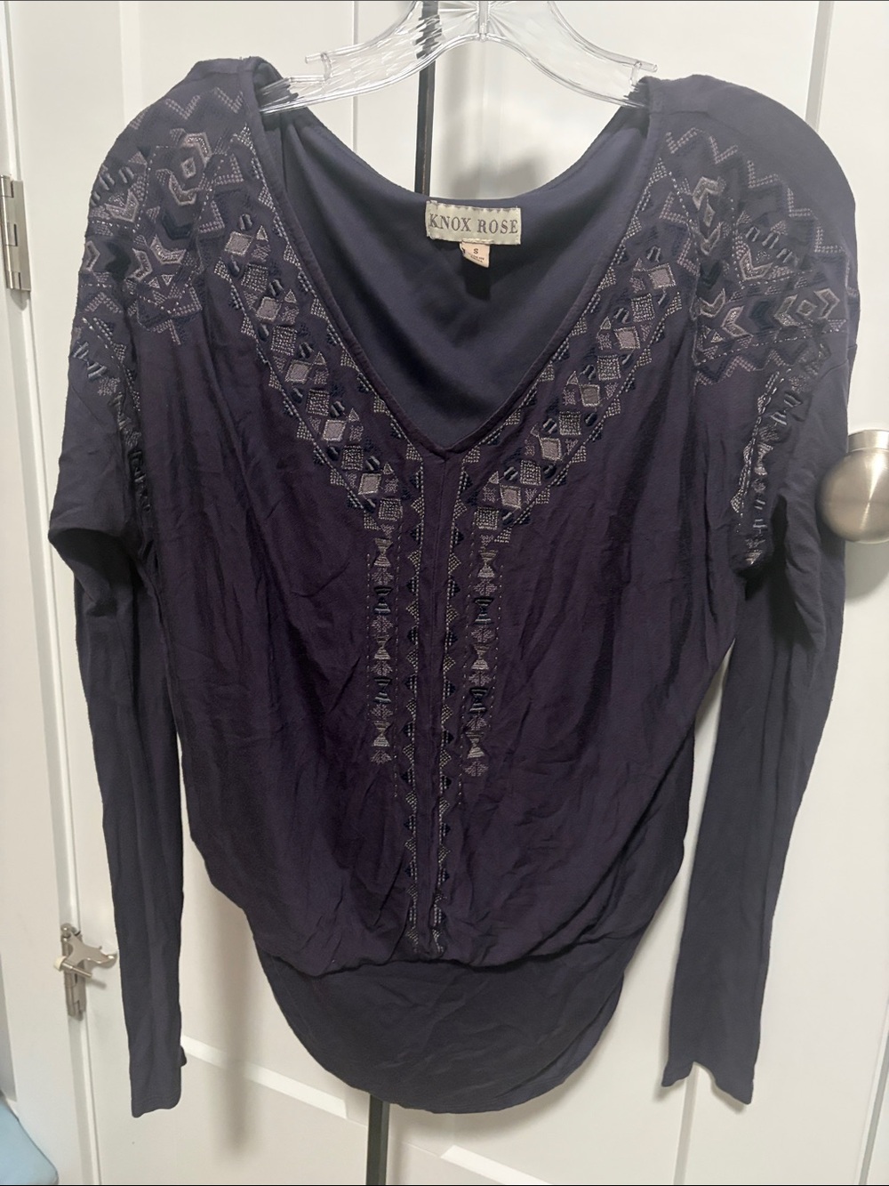 Knox Rose Navy Long Sleeve V-Neck Top with Embroidered Detail